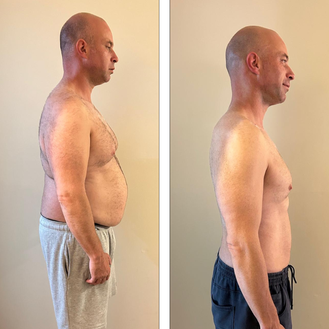 "Business owner Arie’s dramatic fat loss and body transformation, showing his progress from overweight to leaner and more muscular through structured coaching and sustainable fitness strategies."